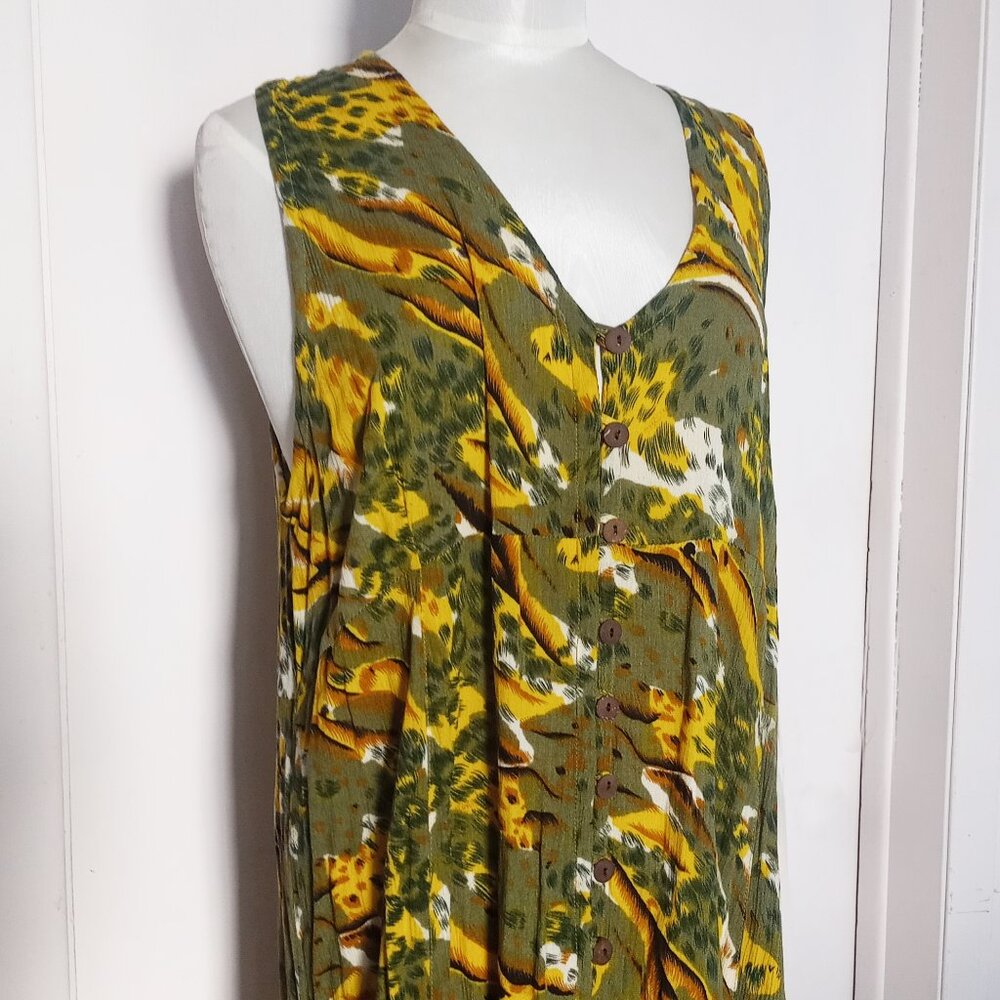 Vintage 90s animal yellow print maxi dress sleeveless Plus Size 3X